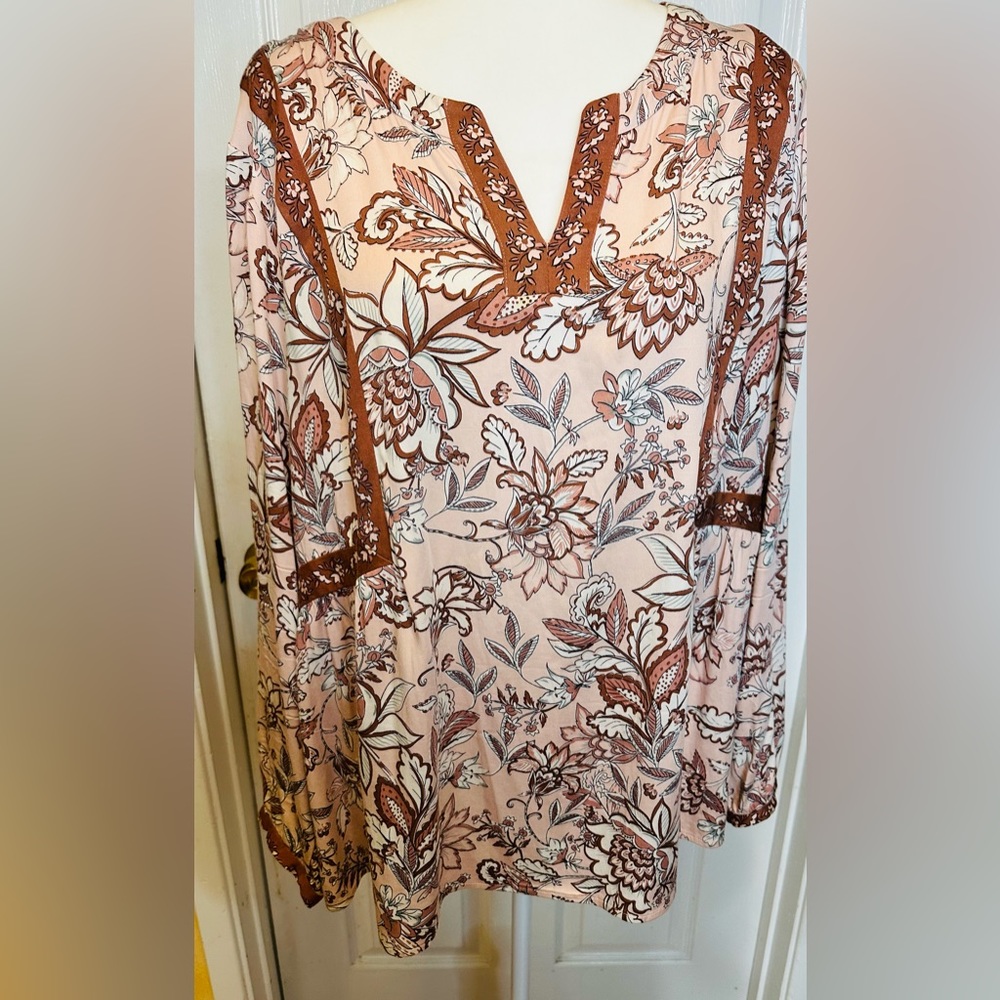J.Jill Blouse Top Brown Rust Floral V neck Tunic Style Long Sleeve Size XL